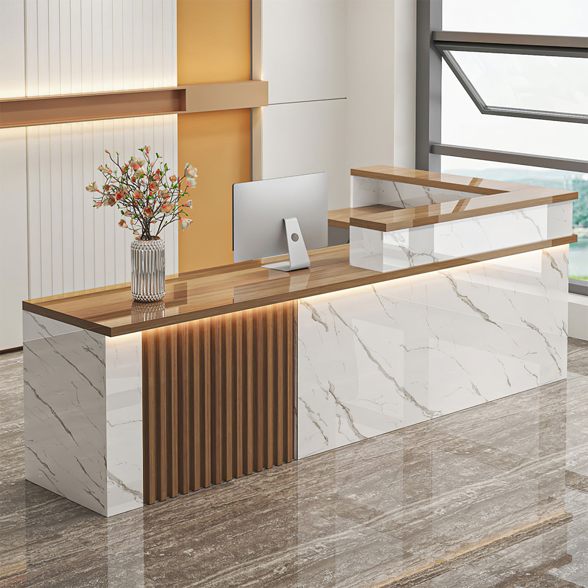 L-Shaped Reception Counter with Built-In Corner Storage for Office ...