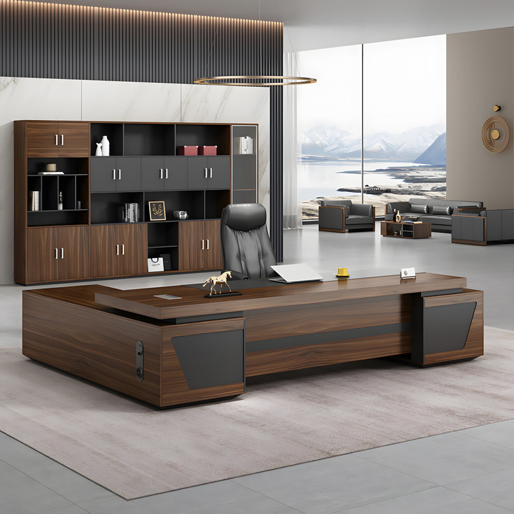 Modern L-Shaped Executive Desk with Drawers and Cabinet