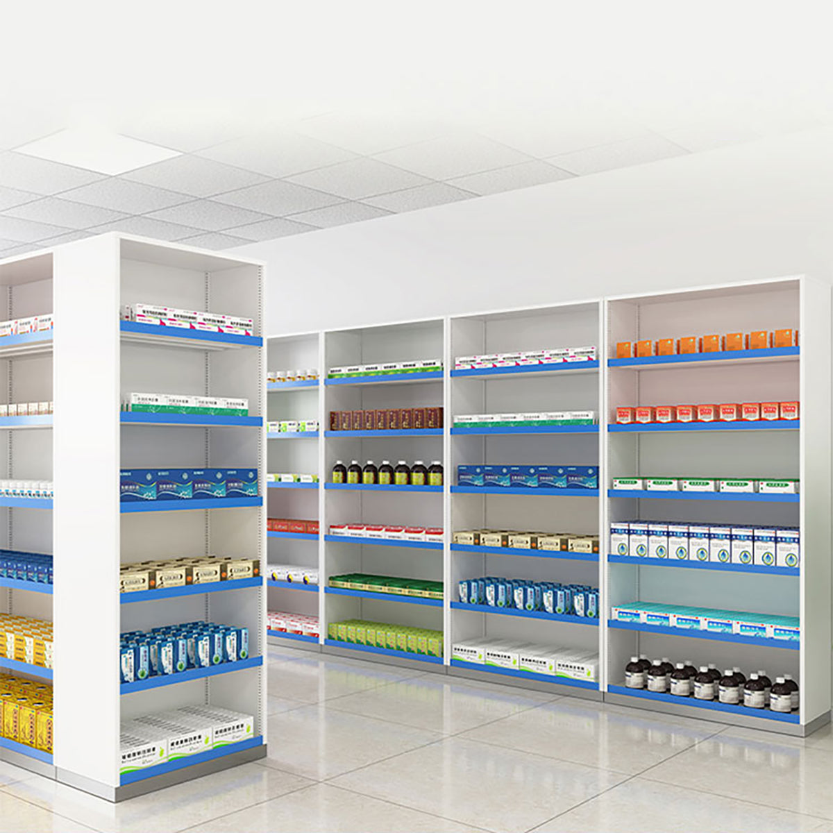 Modern Open-Style Steel Pharmacy Shelf with Doorless Design