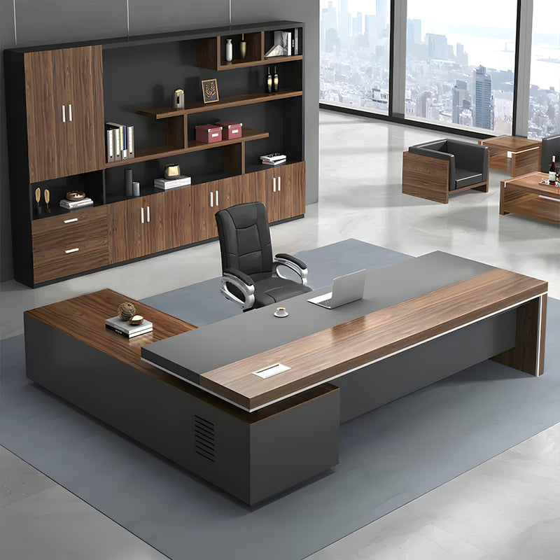 Modern executive desk front view with integrated cable management