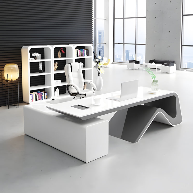 Modern L-Shaped White Executive Office Desk with Wire Management Box for Office