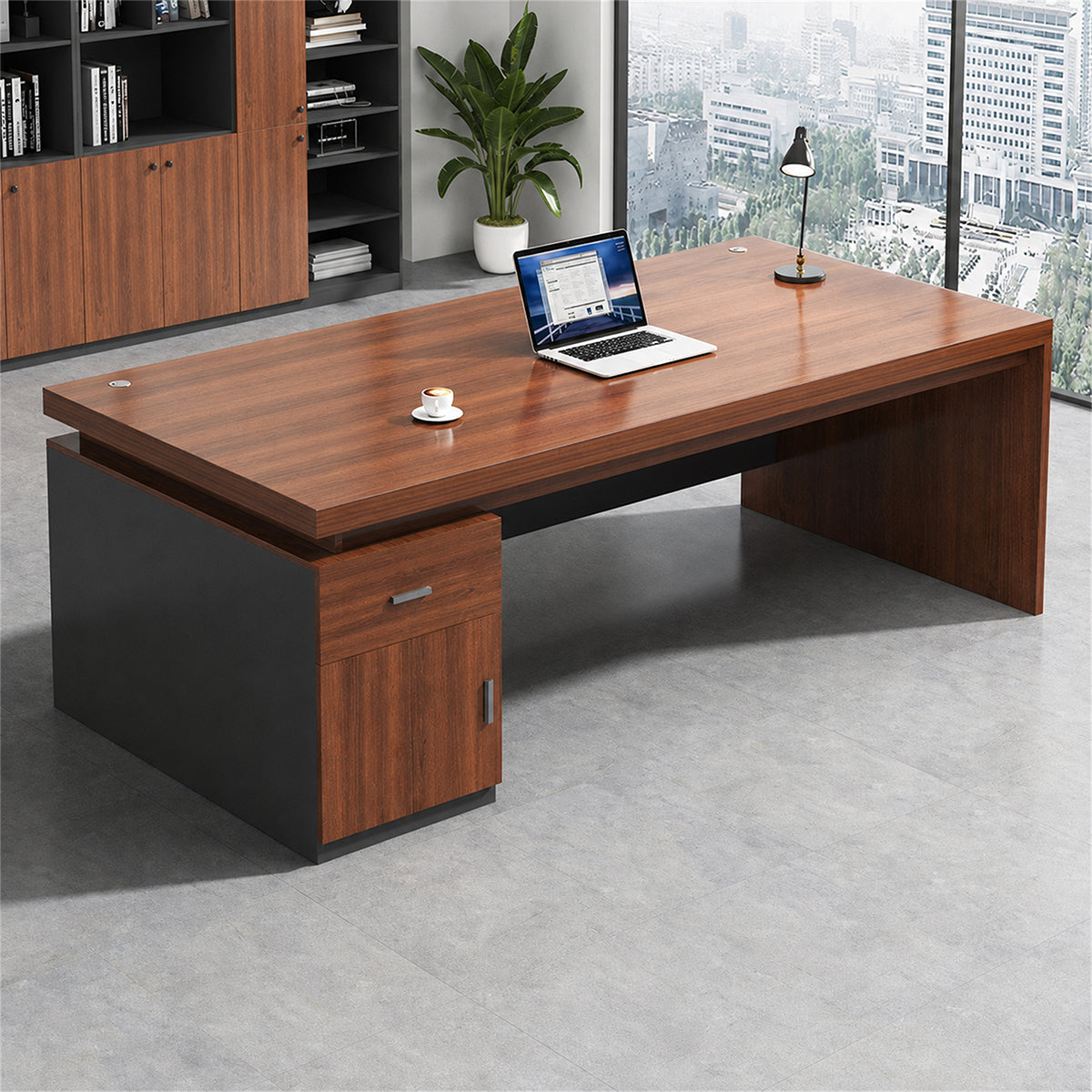 Executive Desk with Thick Desktop, Modesty Panel and Mobile Side Cabinet