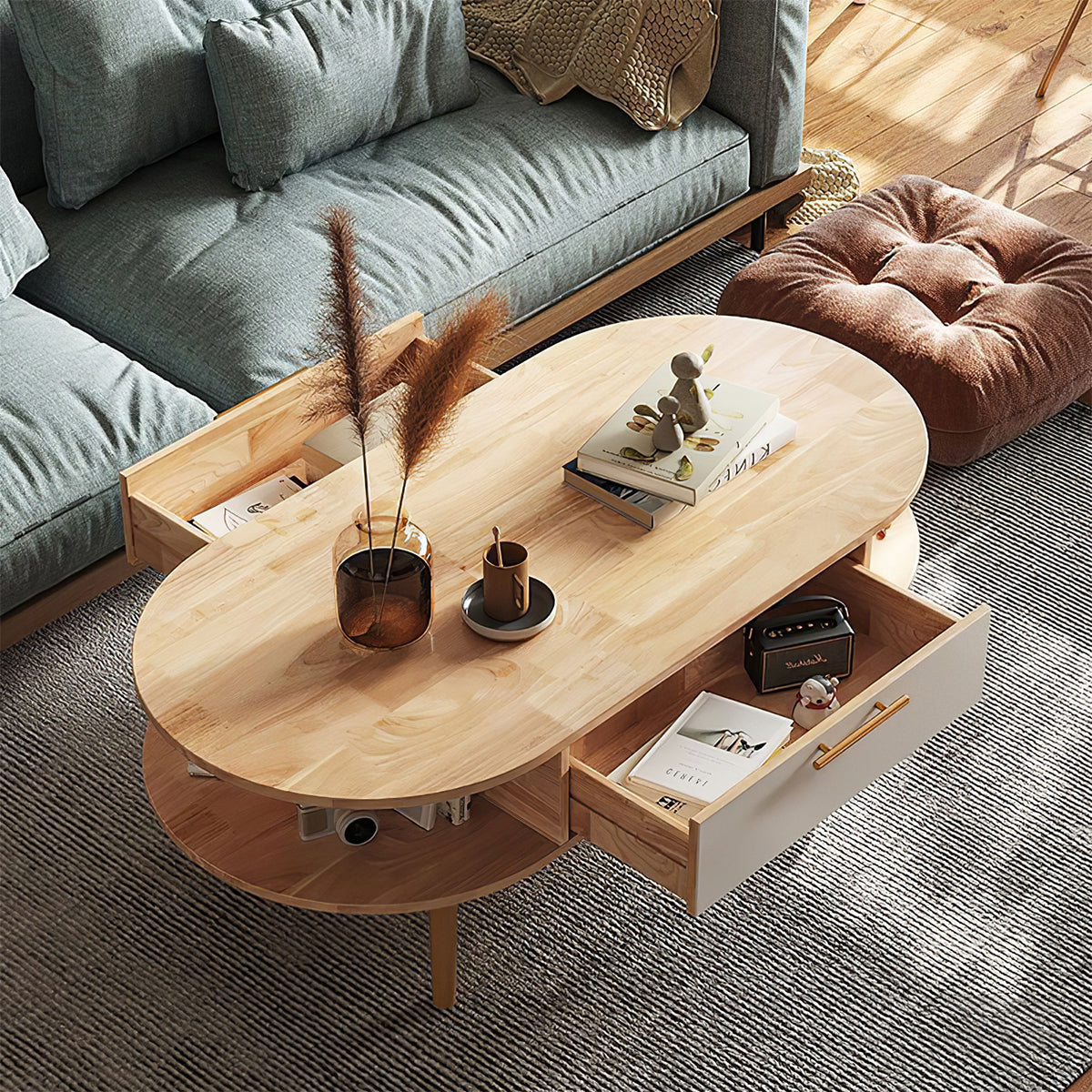 Modern Coffee Table with Solid Wood, Oval & Marble Top for Living Room