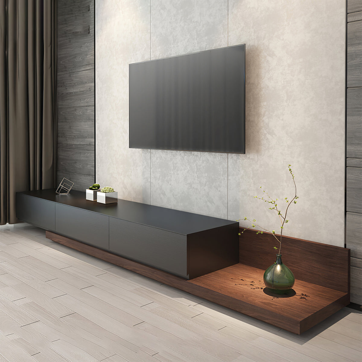 Modern TV Stand 110–150 in Wide with Extendable, Solid Wood & Cable Management