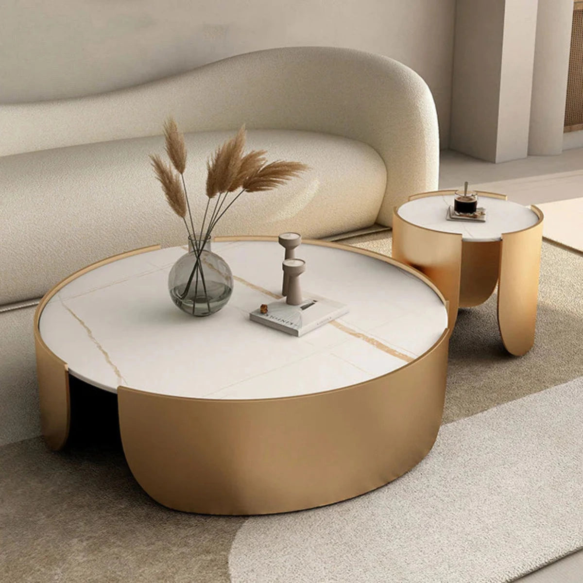 Round Coffee Table with Sintered Stone, Scratch-Resistant & Steel Frame for Living Room