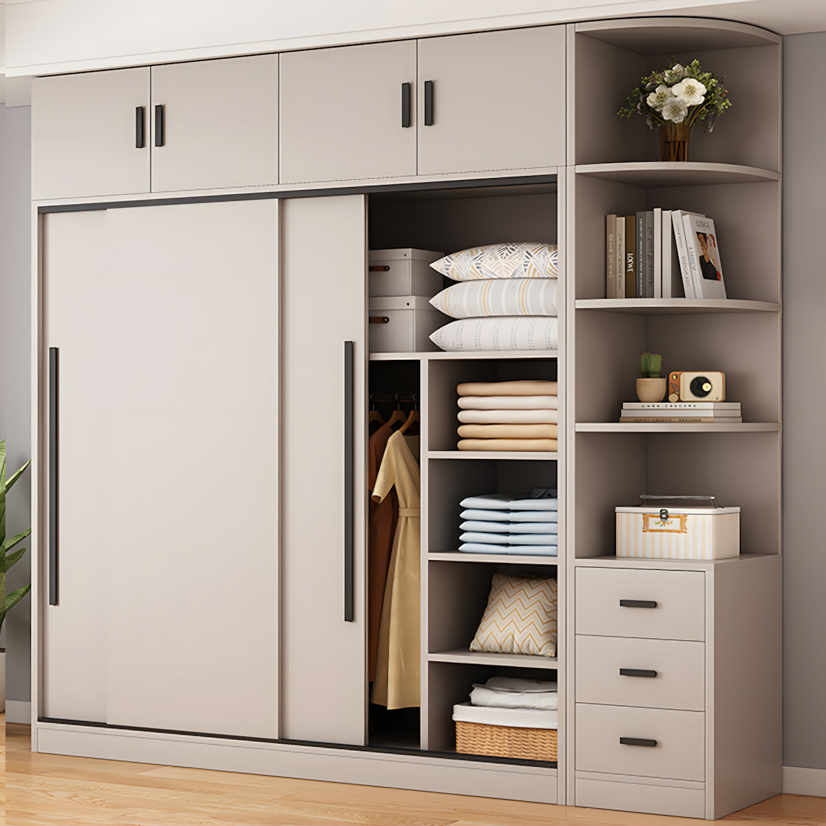Modern Sliding Door Wardrobe with Hanging Rod for Bedroom
