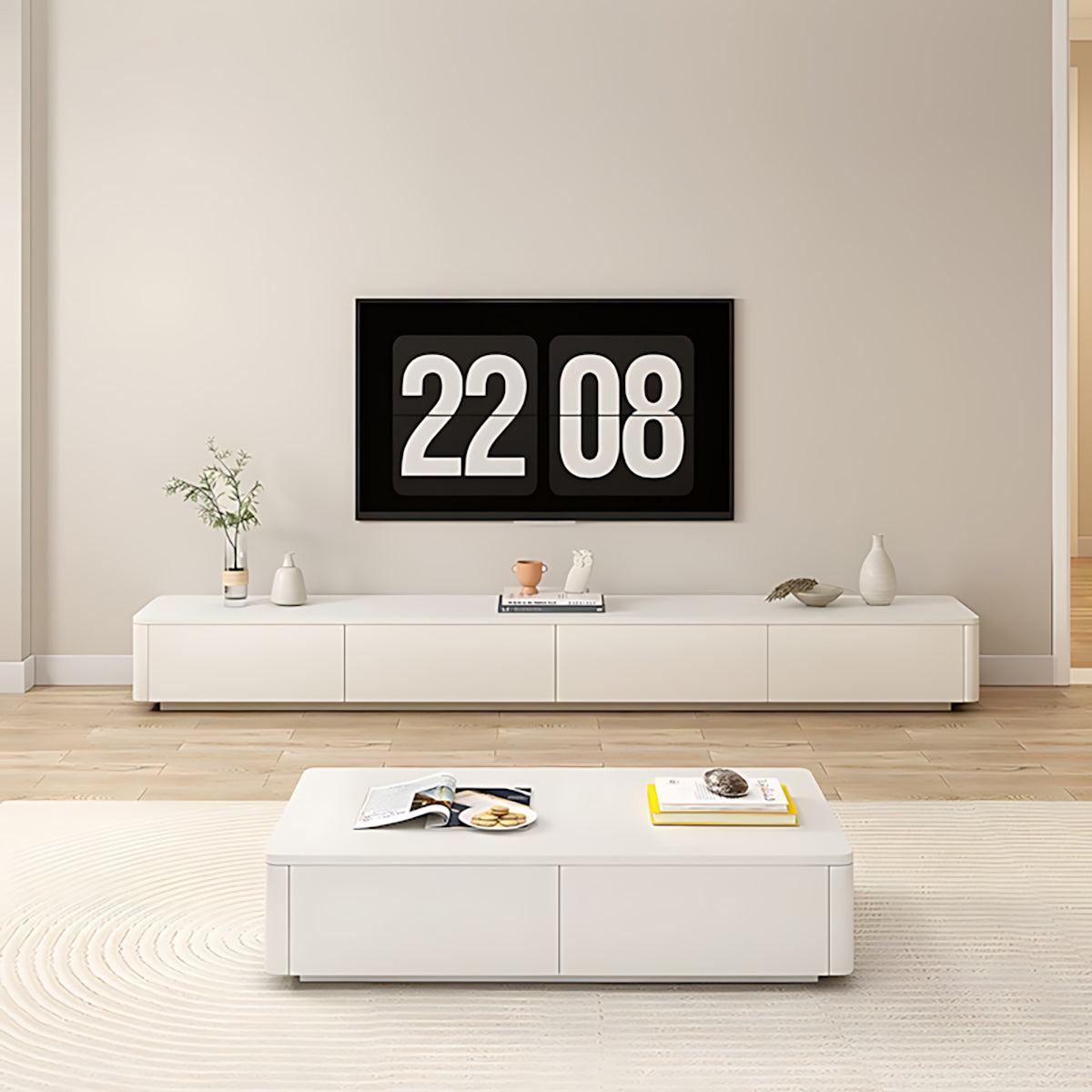 Modern TV Stand with Storage Drawers, Solid Wood & Cable Management for Living Room