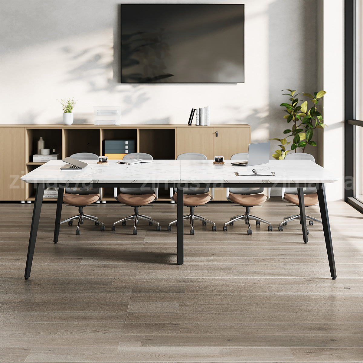 Elegant 94" L Conference Table with White Marble Finish Desktop & Integrated Cable Management System for Modern Meeting Rooms