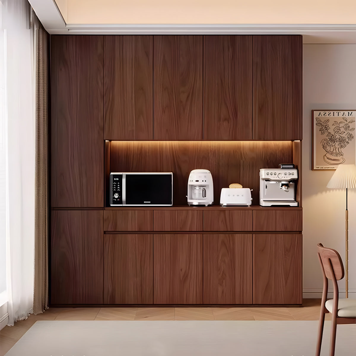 Vintage Solid Wood Sideboard Cabinet with Groove Handle-Free Door Design for Home
