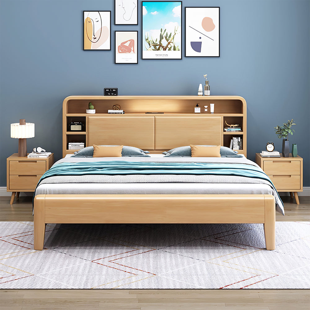 Solid Wood Bedroom Queen Bed with Storage Headboard