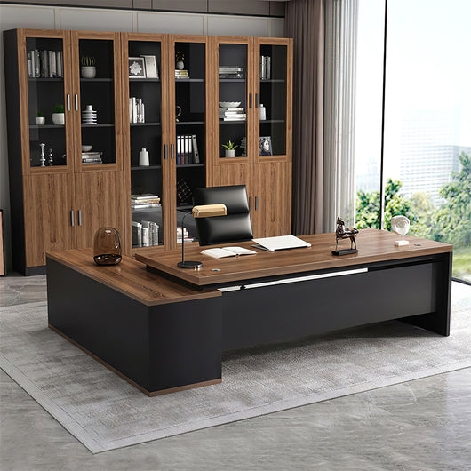 Modern L-Shaped Wood Grain Executive Desk with Storage Side Cabinet Zimasya