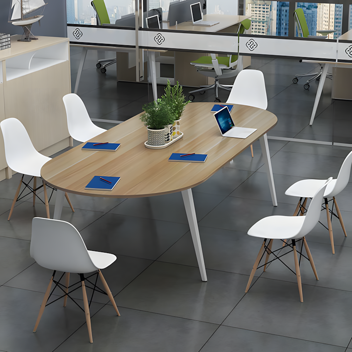 Minimalist Oval Conference Table with Carbon Steel Frame for Office Meeting