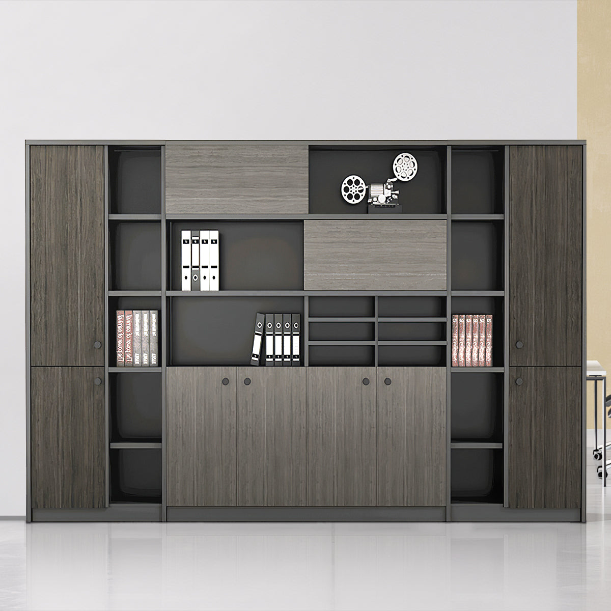 Modern Office File Cabinet with Sliding Doors and Display Shelves
