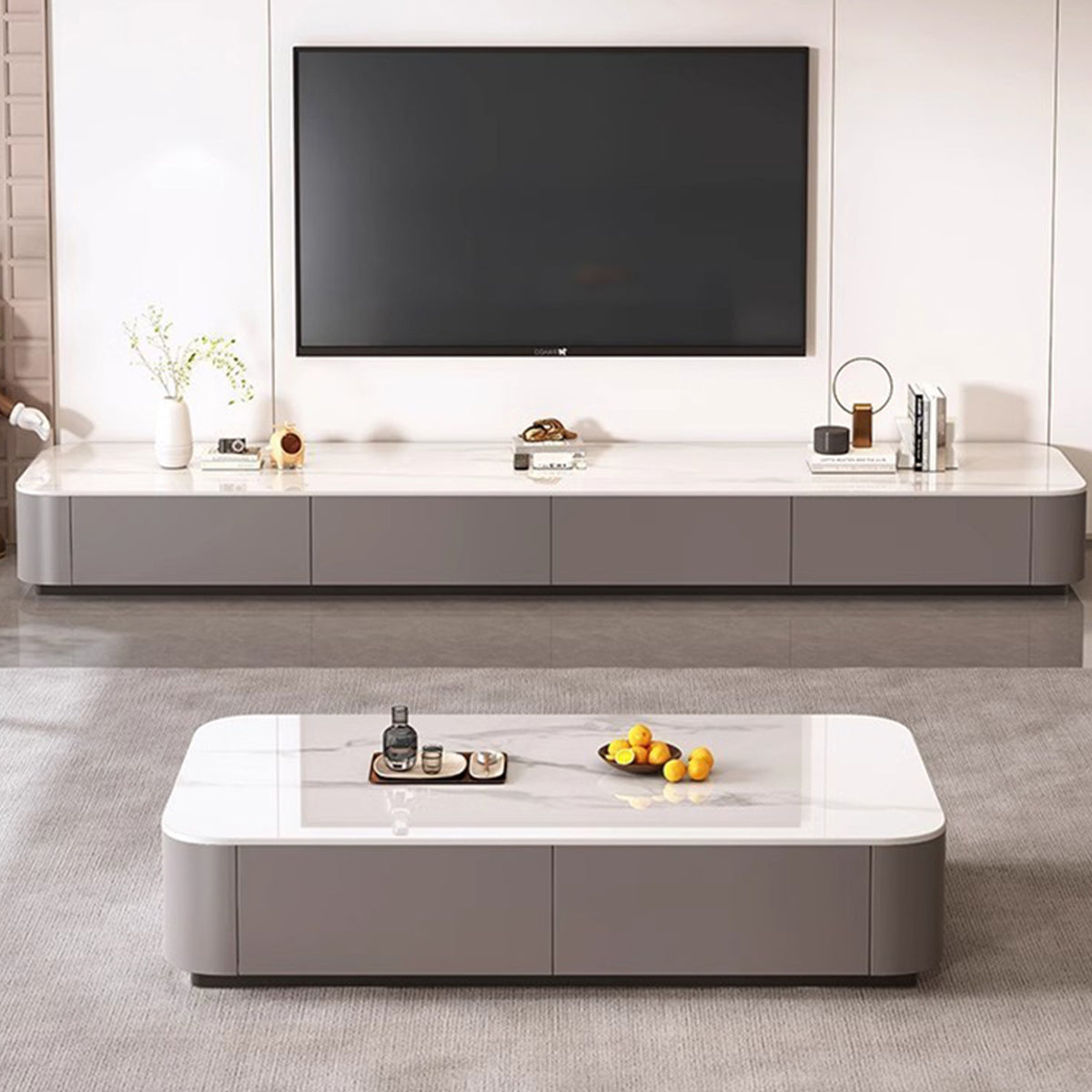 Modern TV Stand with Storage Drawers, Curved & Sintered Stone for Living Room