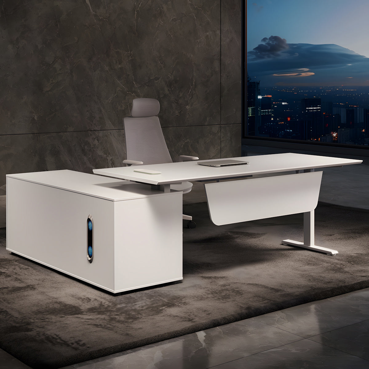 Modern Height-Adjustable Executive Desk with Desktop Cable Box for Offices