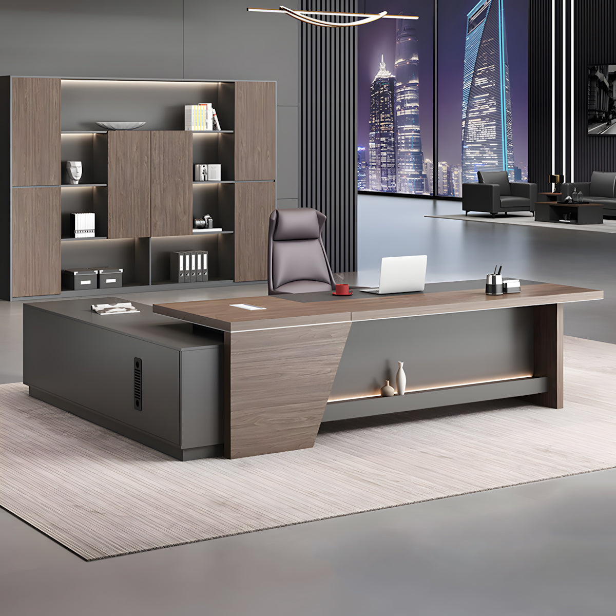 Minimalist Office Executive Desk with Side Storage Cabinet for Managers