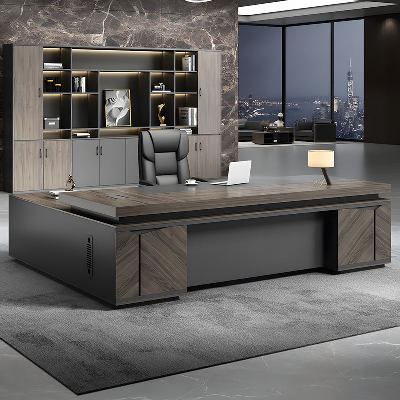 Modern L-Shaped Executive Office Desk with Dual Side Cabinets for Managerial Workstation