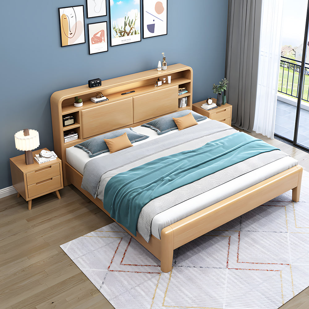 Solid Wood Bedroom Queen Bed with Storage Headboard