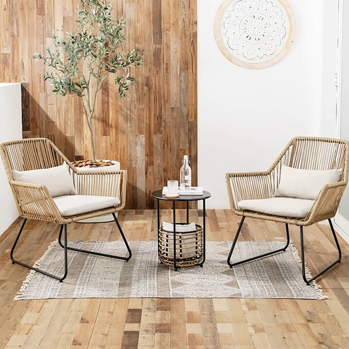 3 Pieces Rattan Outdoor Table and Chair Set