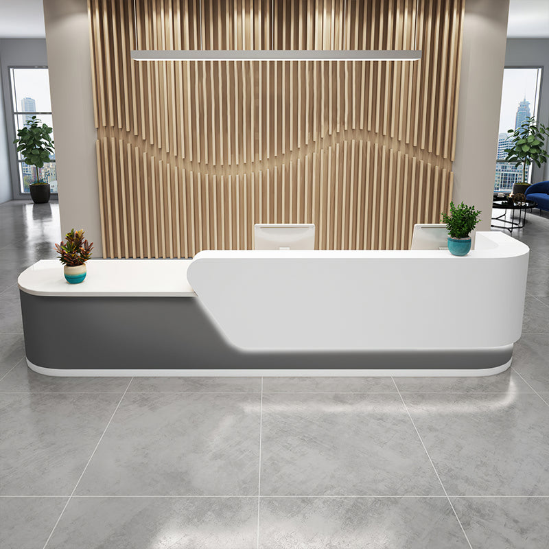 Curved reception desk front view with lockable drawer