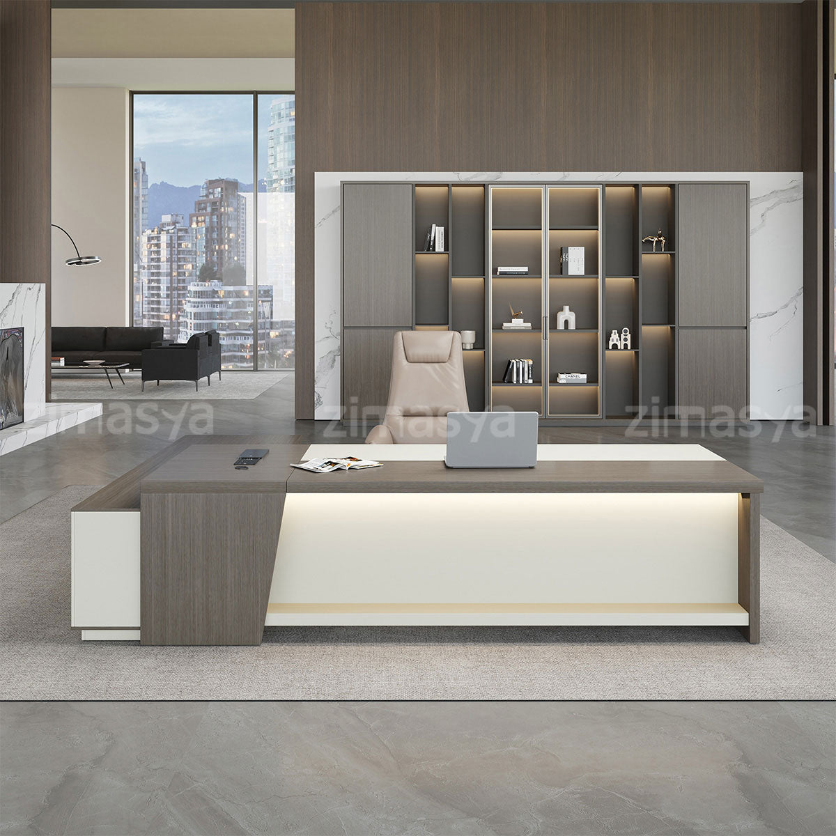 Luxury Modern L-Shaped Executive Desk with Spacious Desktop and LED Lighting