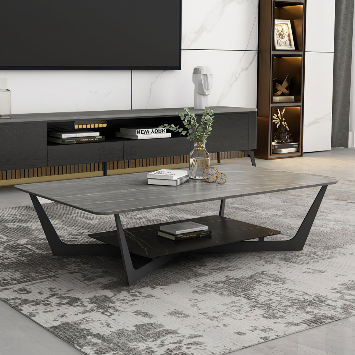Modern Coffee Table with Sintered Stone, Ample Storage & Steel Frame for Living Room