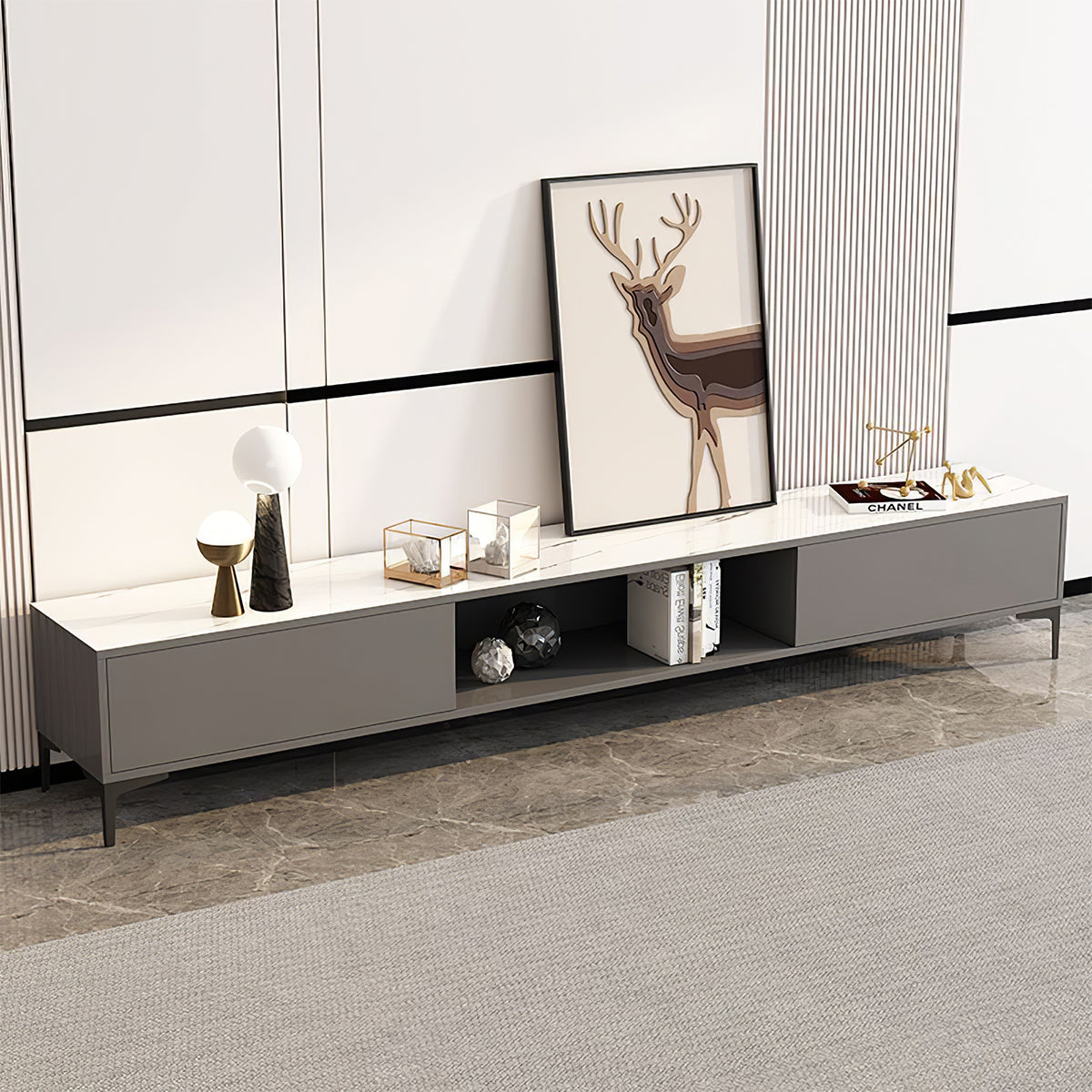Modern TV Stand with Marble Top, Cable Management & Open Shelving for Living Room
