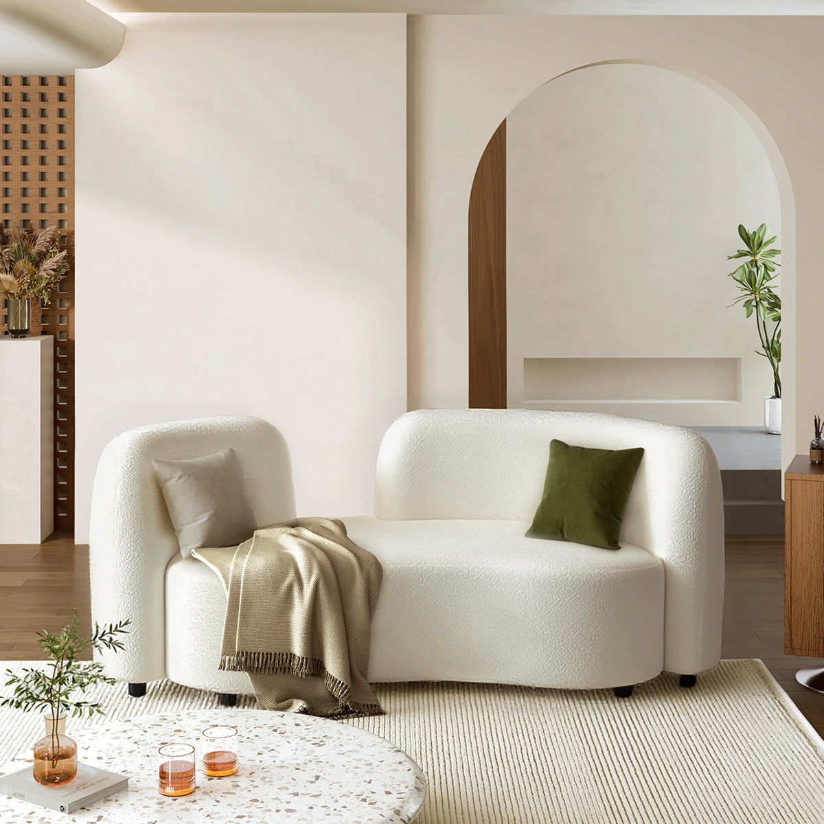 Curved Sofa 69 in Wide with Backrest, Solid Wood & Cream for Living Room