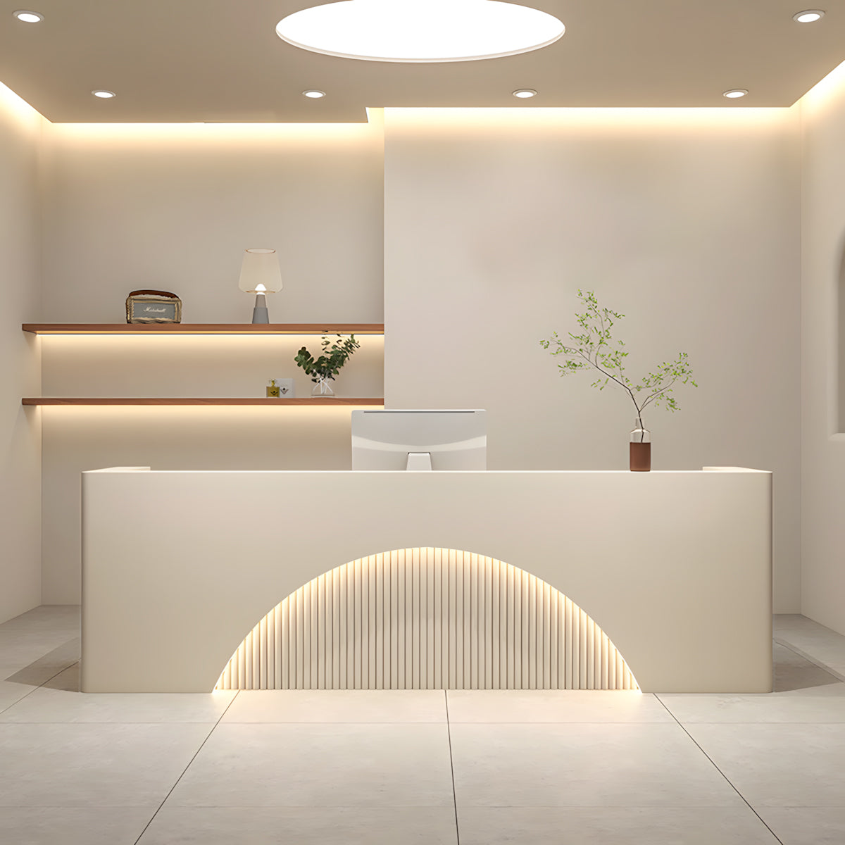 Half-Circular Salon Reception Desk with LED Warm Light