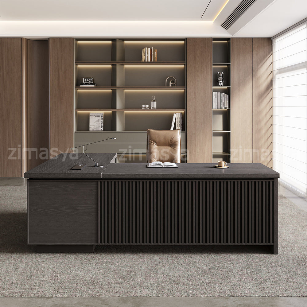 L-Shaped Executive Desk with Built-In Power, Side Storage & Slatted Modesty Panel（Stock Items）
