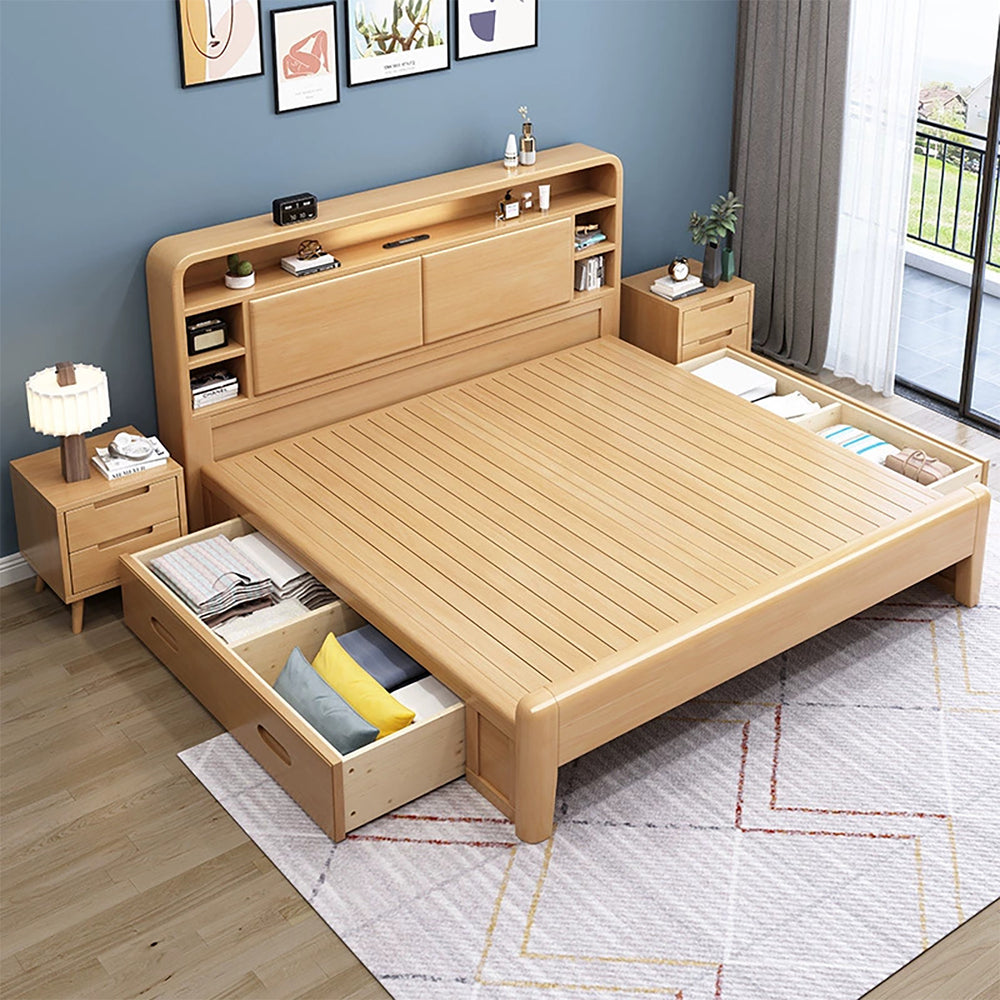 Solid Wood Bedroom Queen Bed with Storage Headboard（Sale Event）