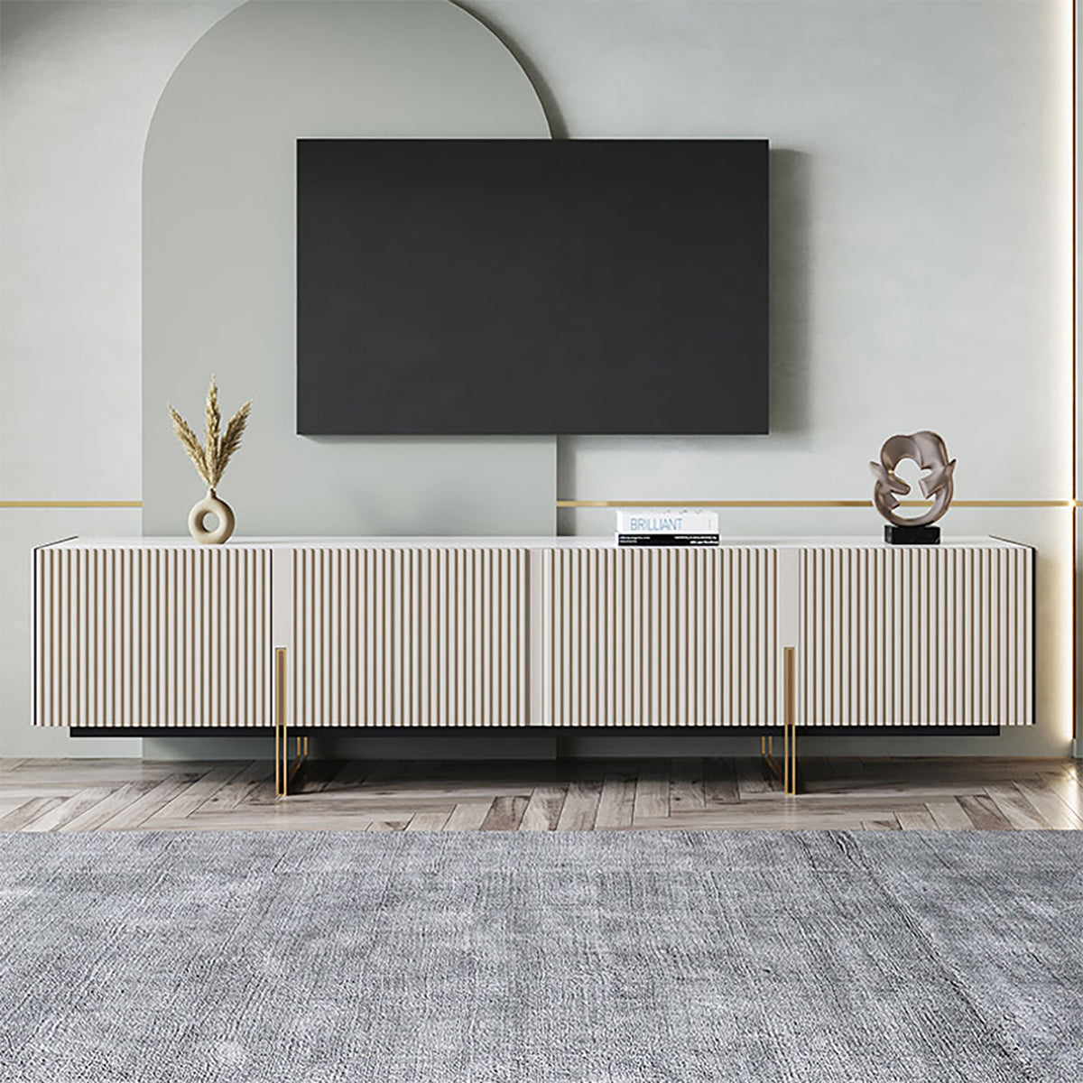 Modern TV Stand with Sintered Stone, Stainless Steel & Glass Top for Living Room