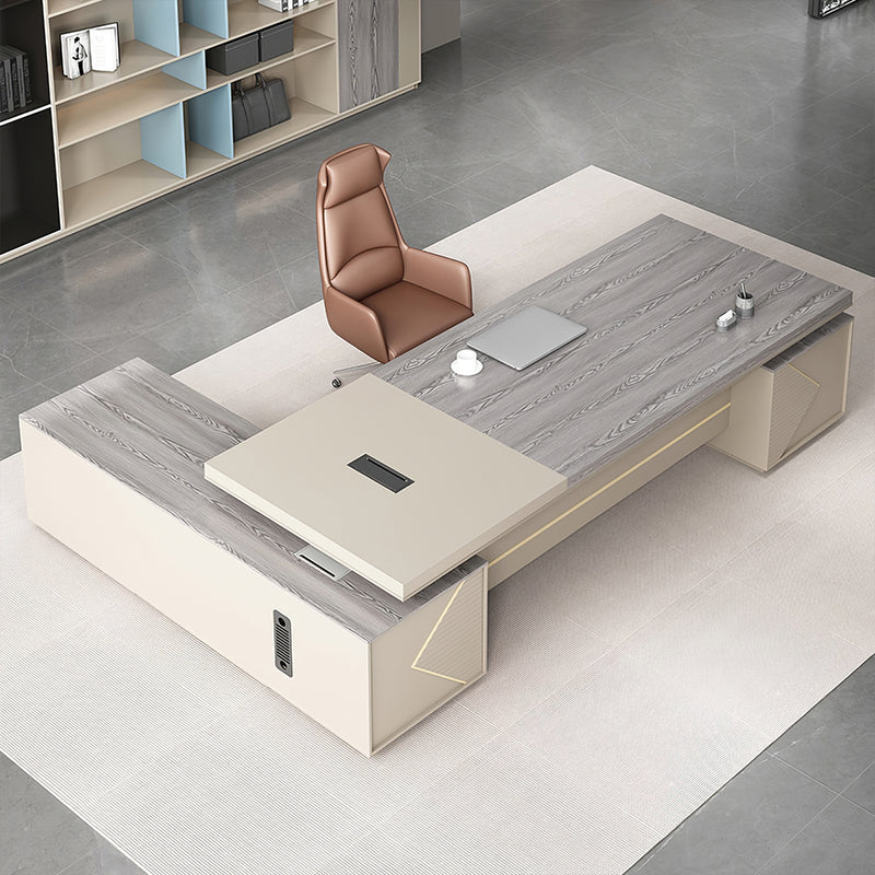 Modern L-Shaped Executive Desk with Drawers and Power Outlets