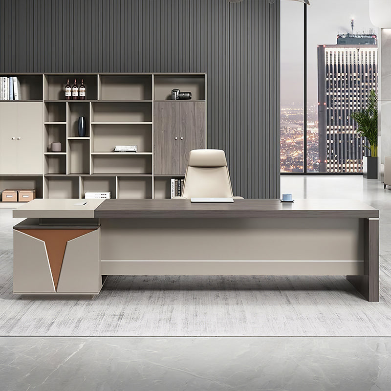 L-Shaped Executive Desk for Office with Drawers and File Cabinet