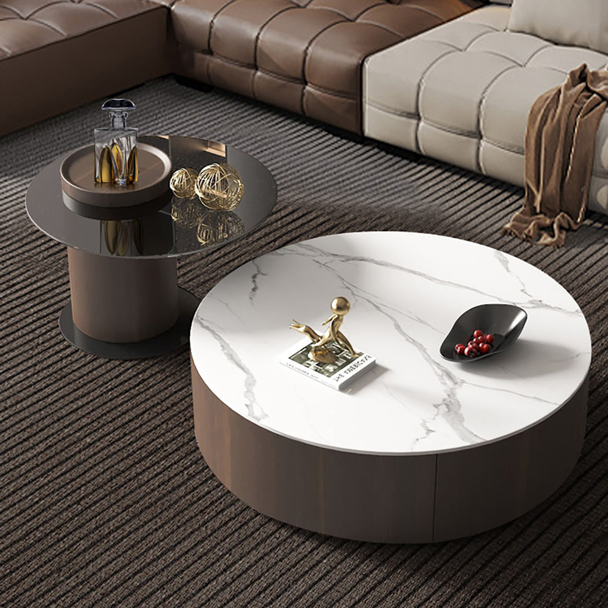 Round Coffee Table with Sintered Stone, Water-Resistant & Scratch-Resistant