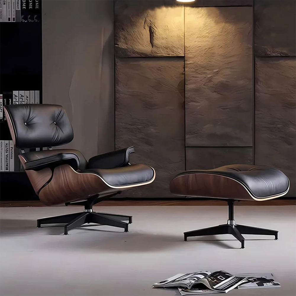 Stylish Indoor Living Room Chair with Genuine Leather & Natural Wood