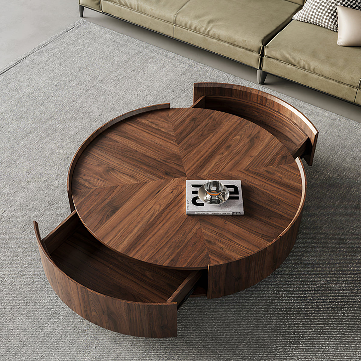 Round Coffee Table with Walnut, Solid Wood & Ample Storage for Living Room