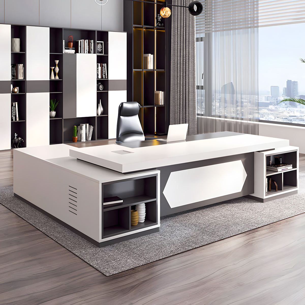 Modern Executive Desk with Front Display Shelf & Cable Management Box