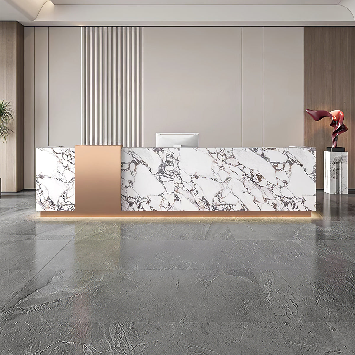 Minimalist Lobby Reception Desk with Stainless Steel Accent