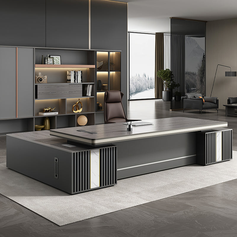 Modern L-Shaped Executive Desk with Multimedia Cable Box