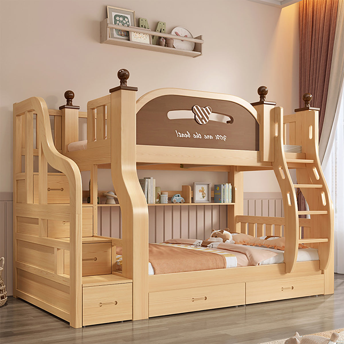 Solid Wood Bunk Bed for Kids with Ladder and Storage Drawers