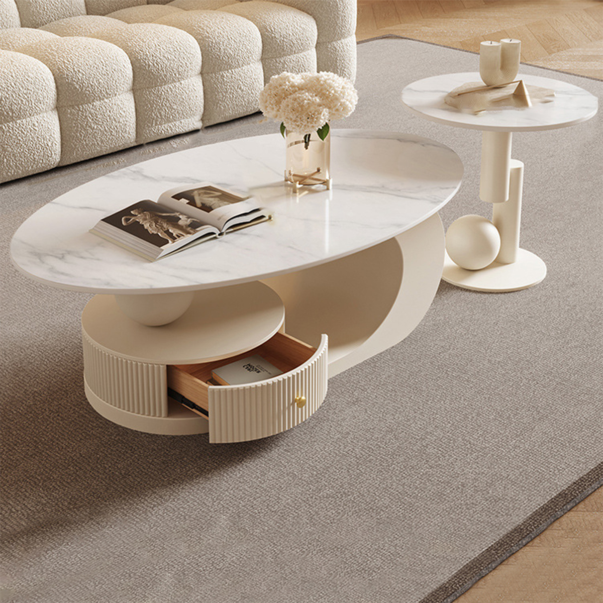 Modern Coffee Table with Oval, Sintered Stone & Ample Storage for Living Room