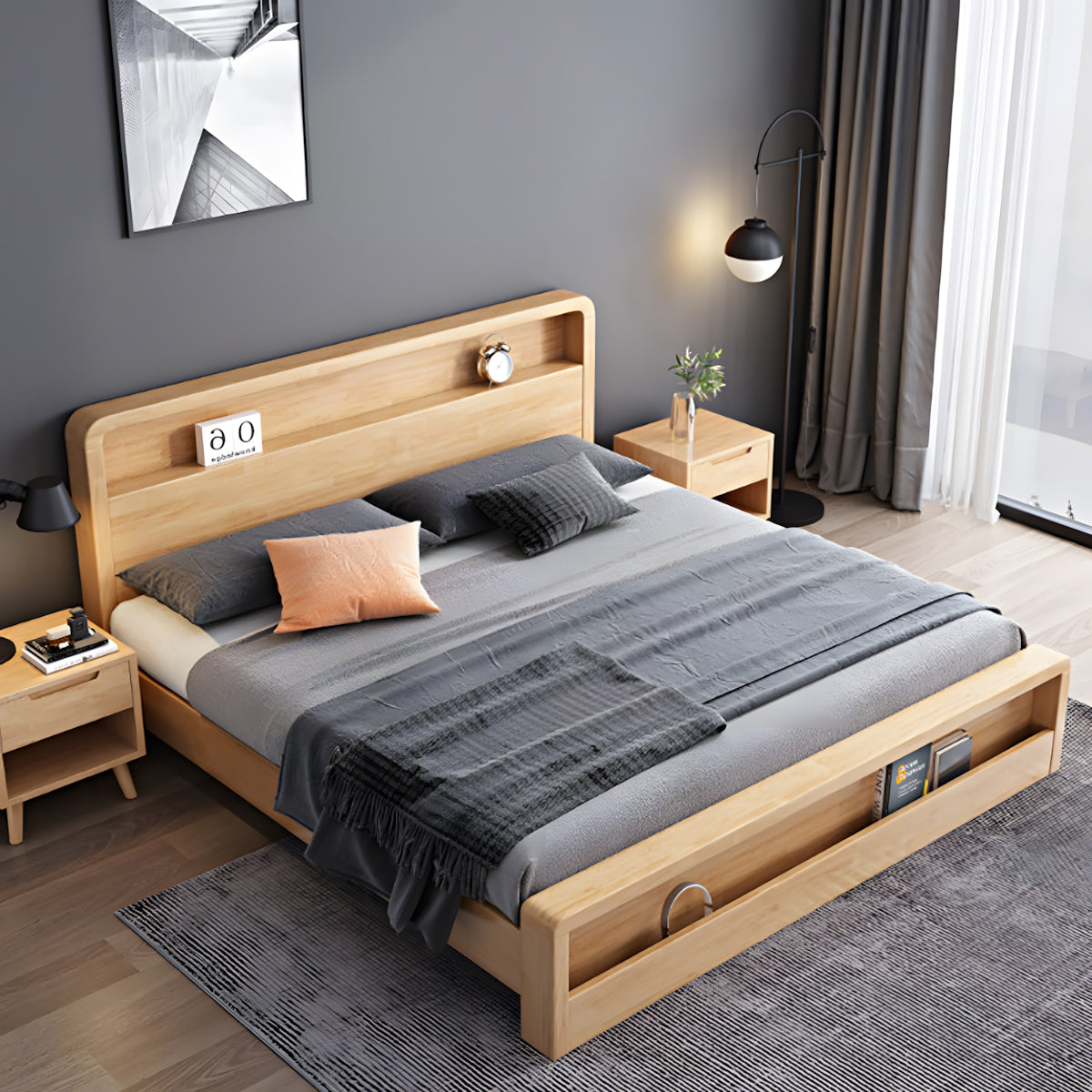 Modern Wooden Double Bed Frame with Headboard Storage for Home Bedroom