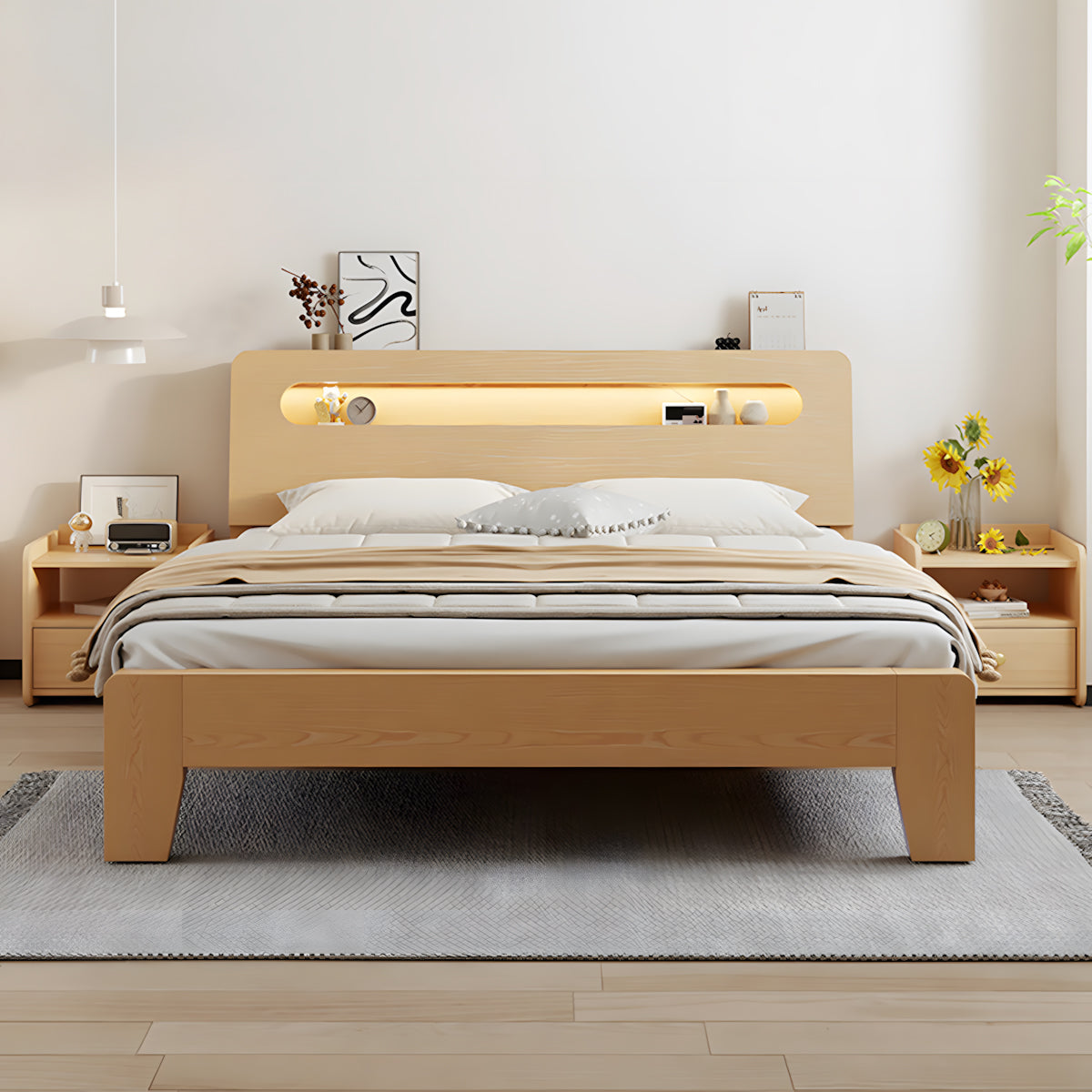 Minimalist Solid Wood Bed with Storage Headboard for Bedroom & Apartments