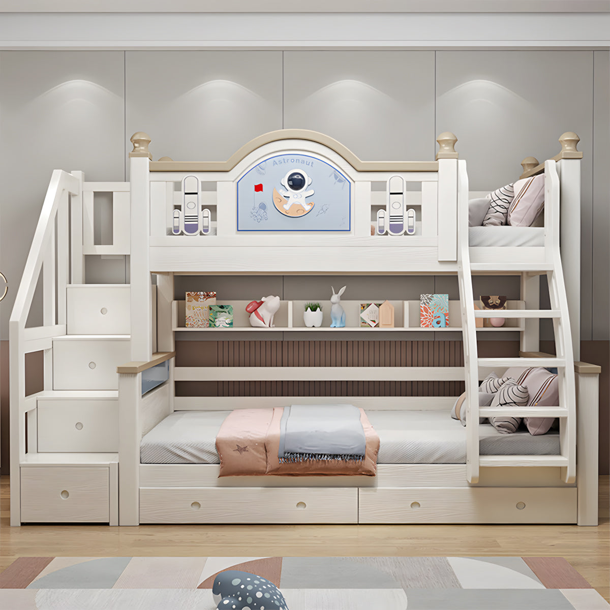 Modern Wooden Bunk Bed with Ladder & Safety Guardrails for Kids Bedroom