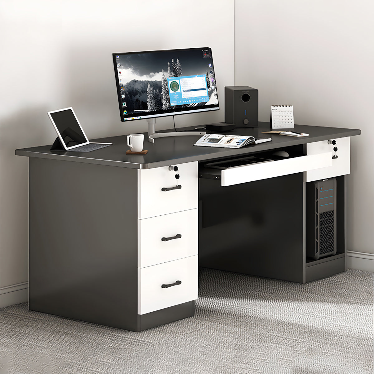 Minimalist Computer Desk with Storage Drawers for Home and Office