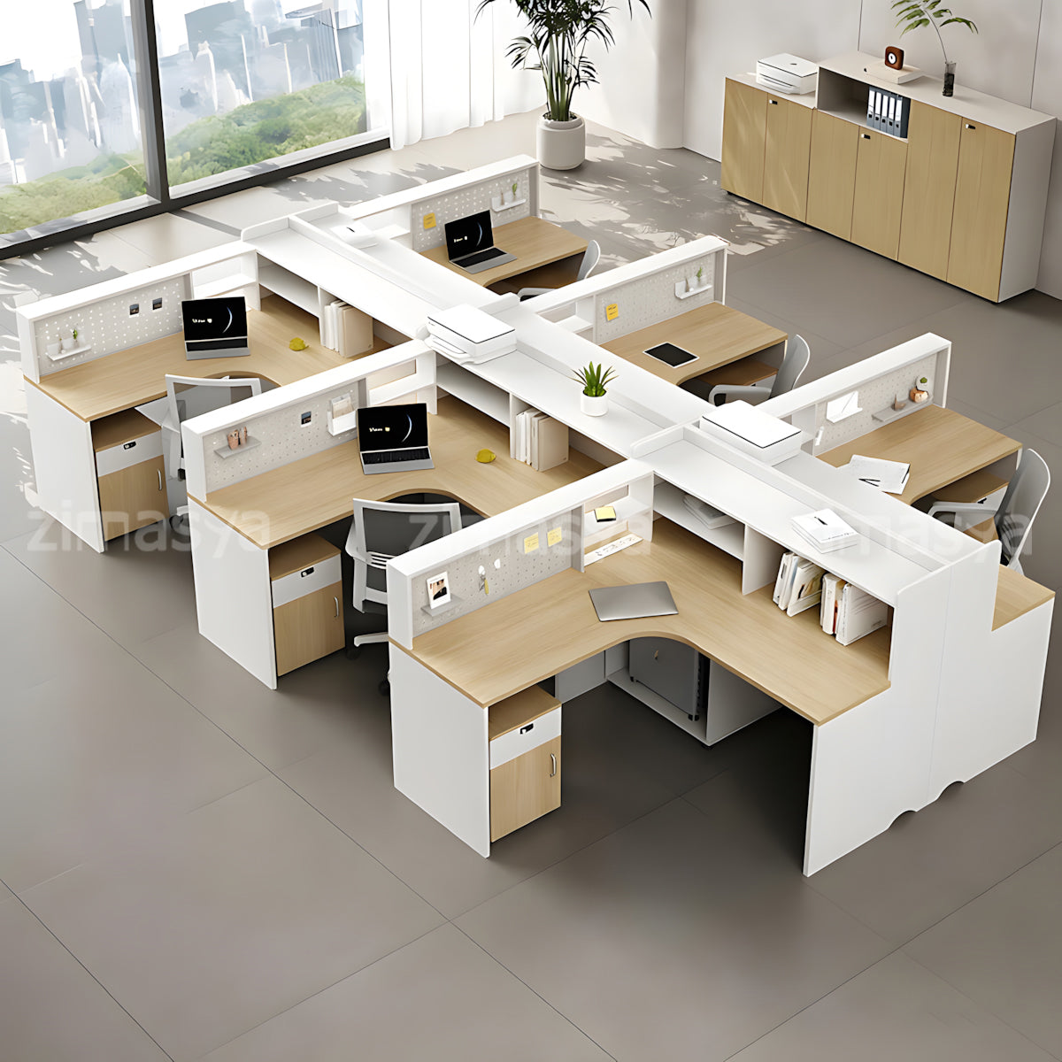 Modern L-Shaped Office Desk with Pegboard & Storage Shelves for Corporate Offices
