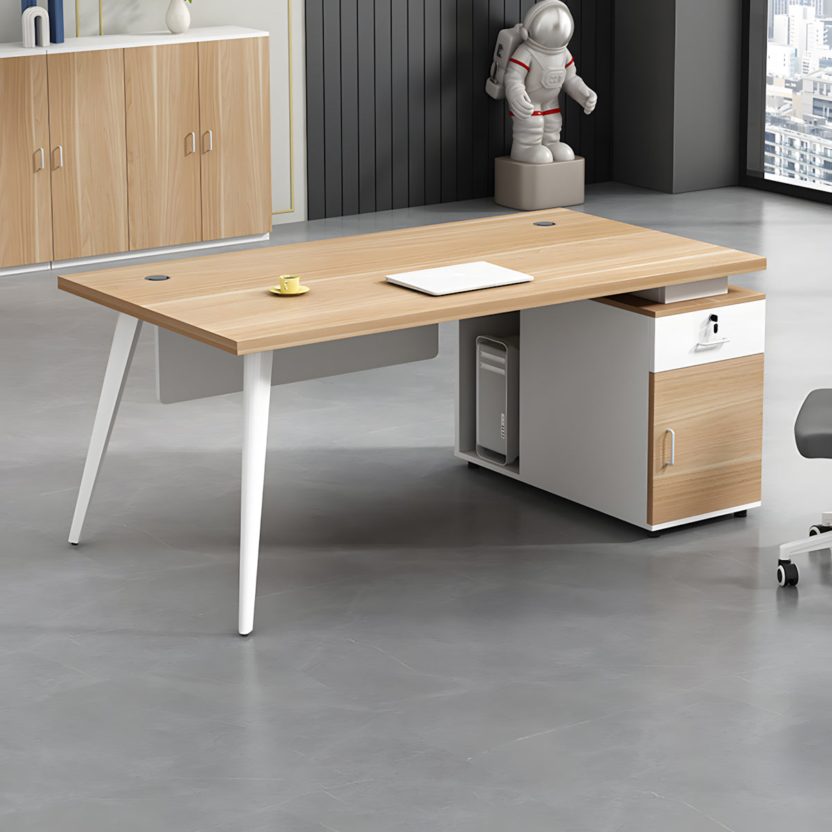 Modern Single Office Desk with Side Storage Cabinet for Open Workspace