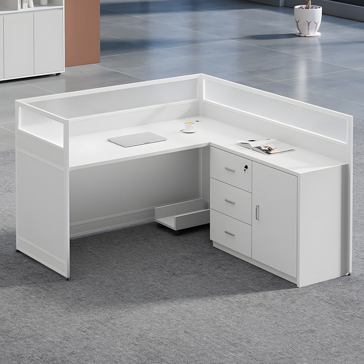 Modern White L-Shaped Office Desk with Storage Side Cabinet for Office