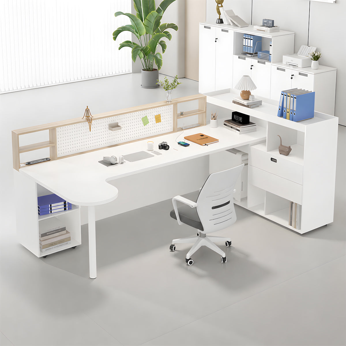 Modern Office Workstation Desk with Pegboard Privacy Panel & Storage Cabinet for Office